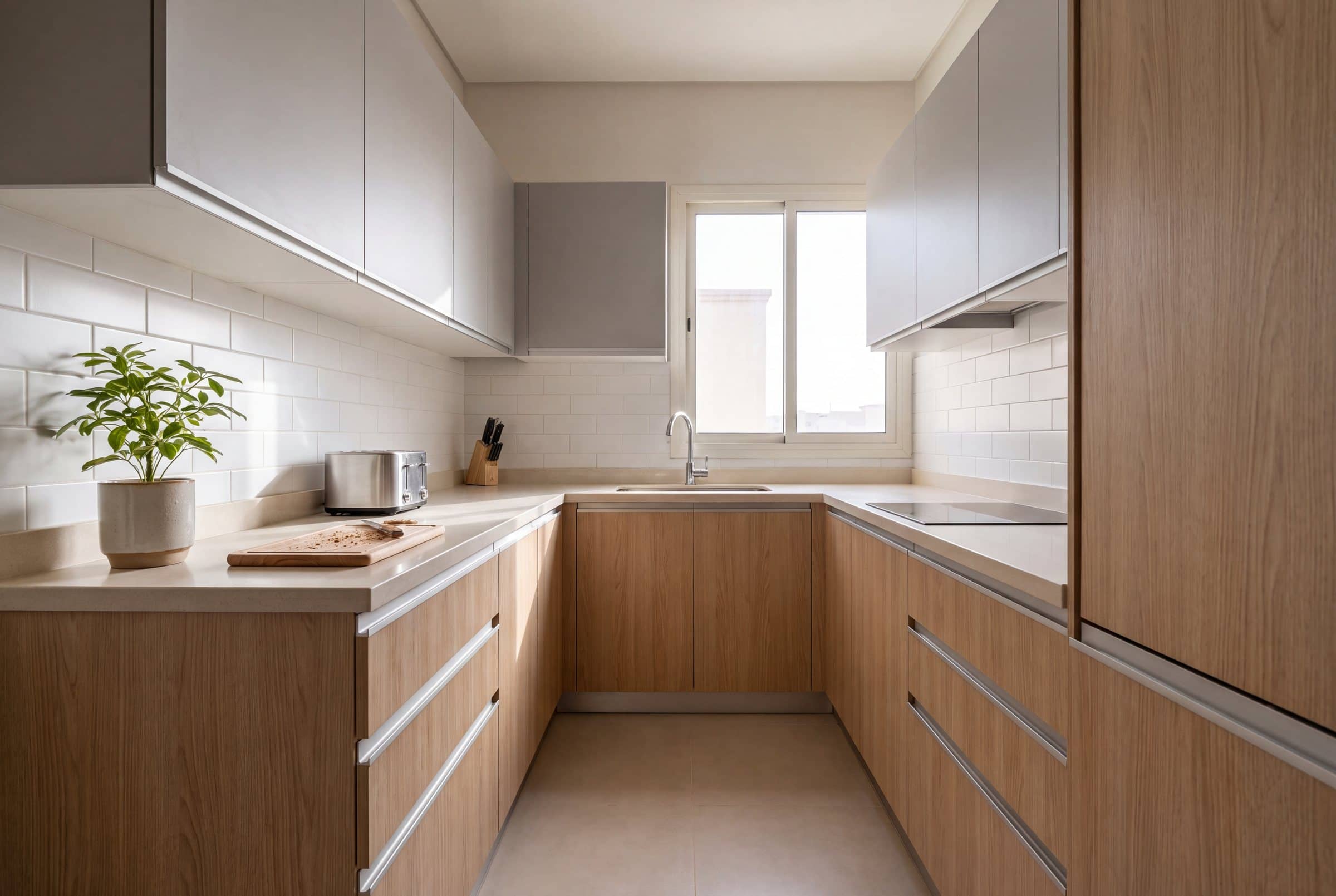 Compact kitchen with light oak-grain base units, pale grey wall units and aluminium profile handles