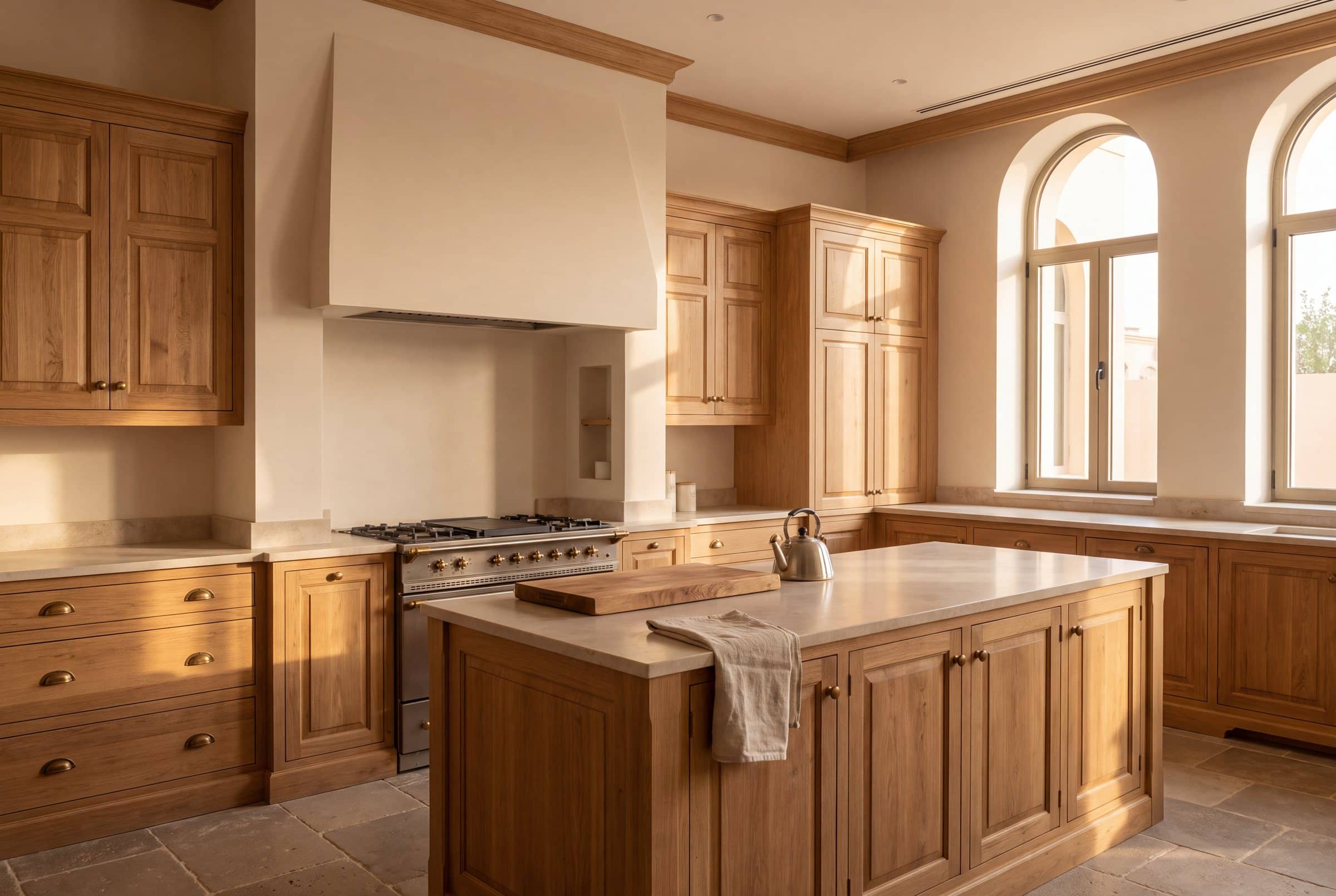 Oak kitchen with raised-panel doors, brass cup handles, a range cooker under a plaster hood and an oak island