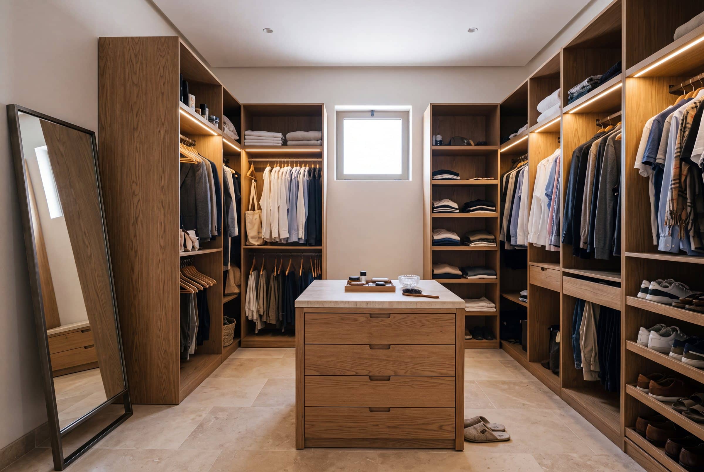 Walk-in dressing room with oak open shelving, hanging rails and a central island with drawers
