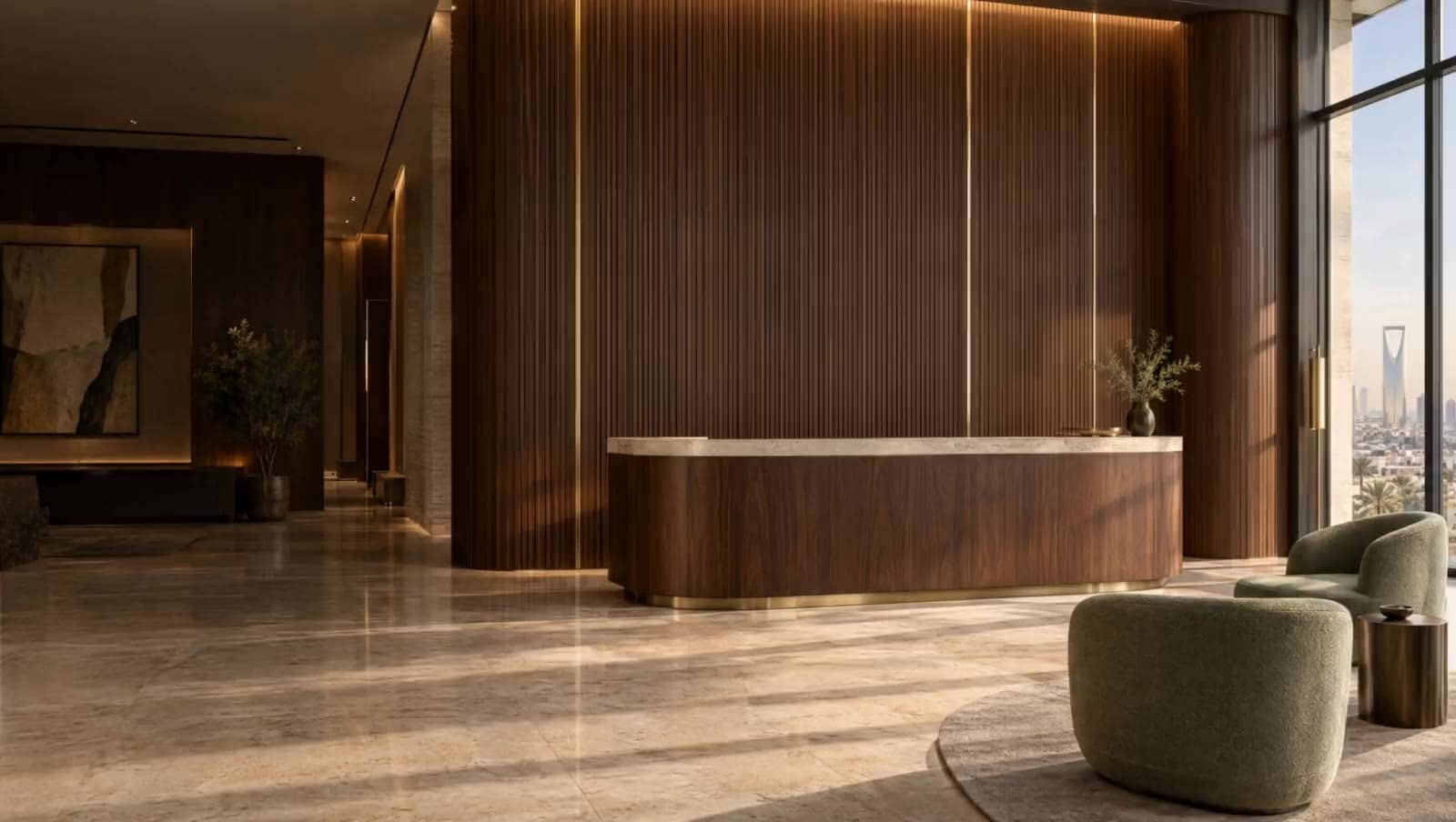 Hotel lobby with fluted walnut wall cladding and a curved walnut reception desk